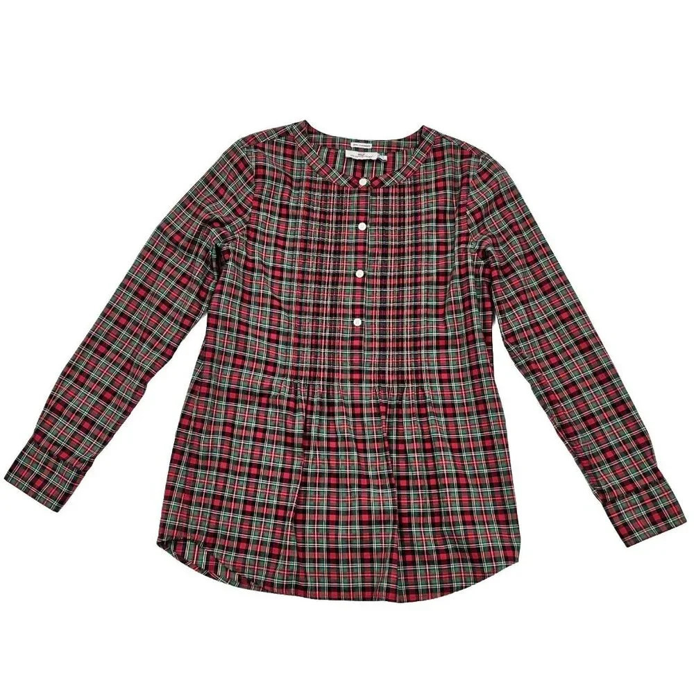 Vineyard Vines Women 0 Red Green Tartan Plaid Long Sleeve Shirt Cashmere Cotton